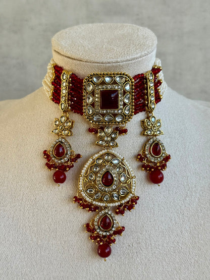 Ayura Designs Zarmeen Choker Set with Earrings & Tikka – Mirror-Cut Stones, Antique Gold Finish and Ruby Red Beads