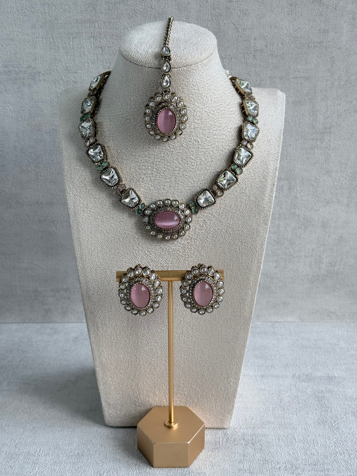 Ayura Designs Inza Necklace Set – Blush Pink & Mint Green Stones, Kundan & Crystals with Antique Gold Finish