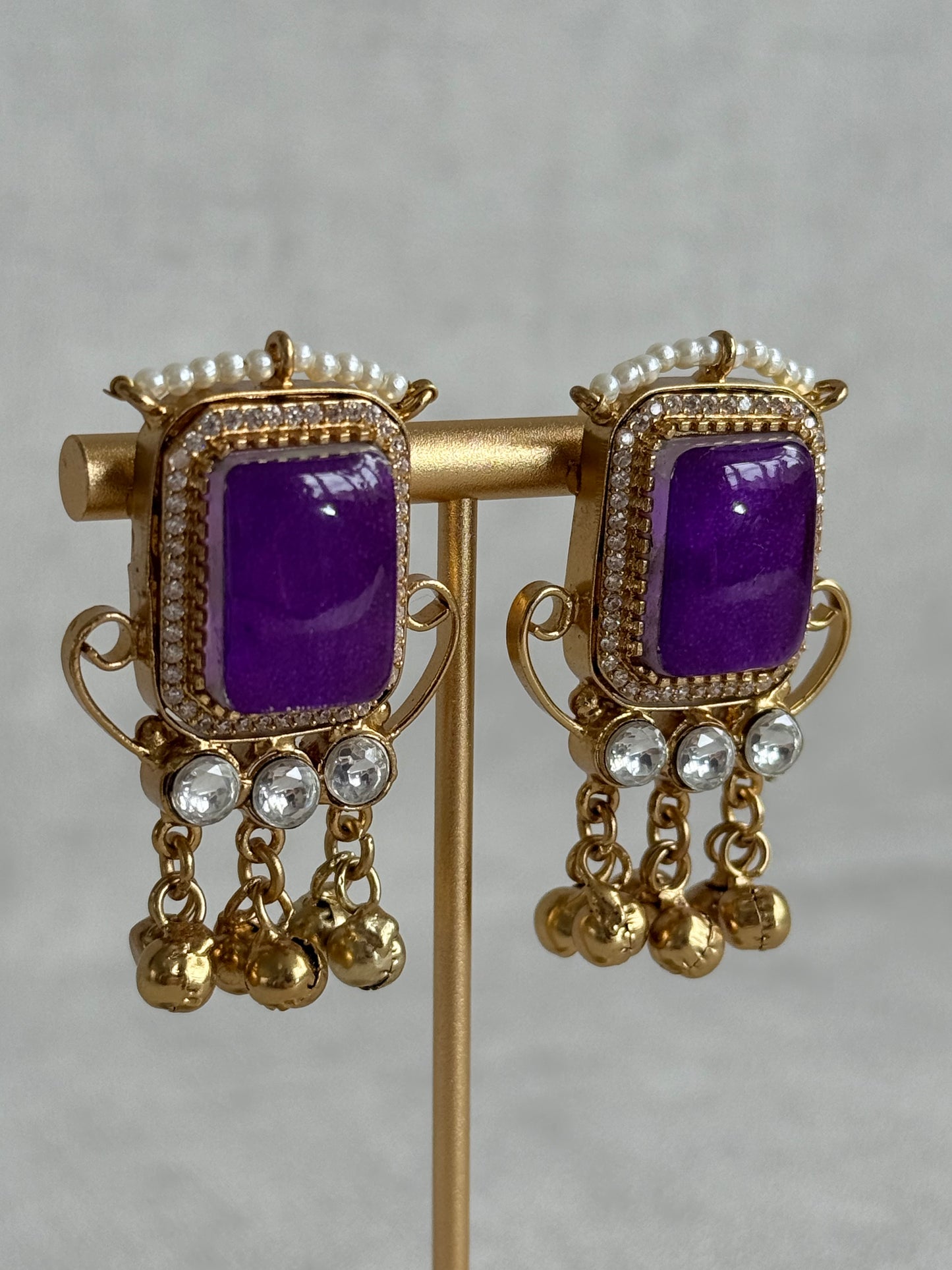 Ayura Designs Aleena Earrings – Royal Purple Stone Stud Earrings with Pearls & Ghungroo Detailing