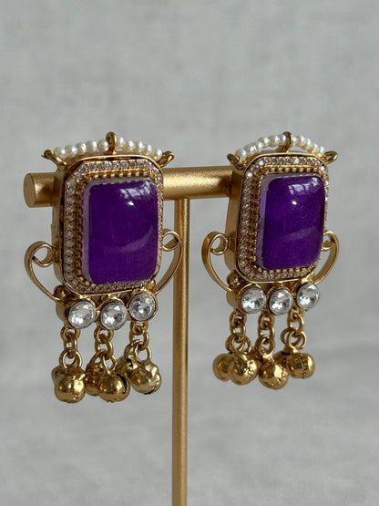 Ayura Designs Aleena Earrings – Royal Purple Stone Stud Earrings with Pearls & Ghungroo Detailing