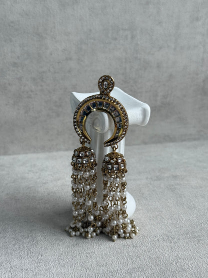 Ayura Designs Chand Hair Brooch – Crescent Polki Design with Pearl Tassels & Antique Gold Finish