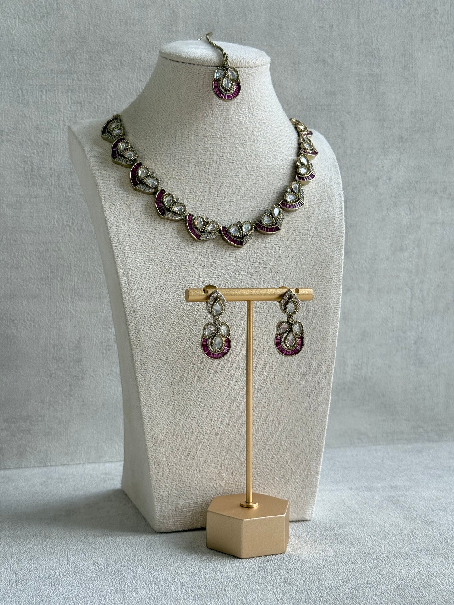 Ayura Designs Katalina Necklace Set with Earrings & Tikka – Rani Pink Stones, Crystals & Antique Gold Finish