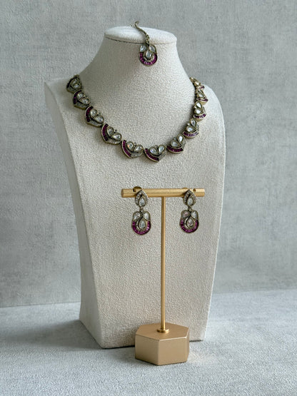 Ayura Designs Katalina Necklace Set with Earrings & Tikka – Rani Pink Stones, Crystals & Antique Gold Finish