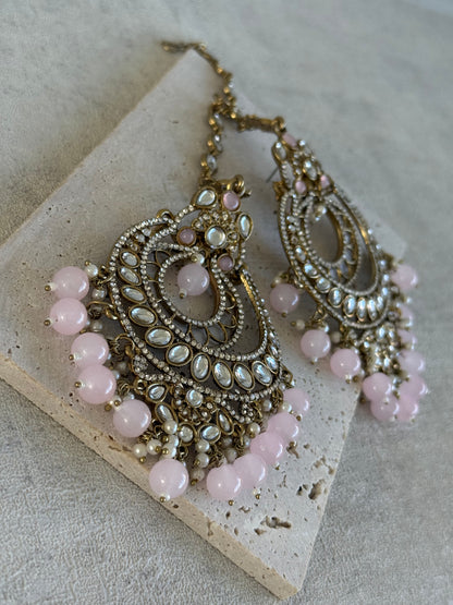 Ayura Designs Rabia Chandbalis – Antique Gold Kundan Earrings with Blush Pink Beads, Pearls & Attached Sahare