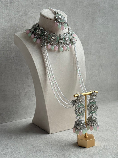 Ayura Designs Uzairah Set with Tikka & Sahare Jhumkis – Pastel Mint & Blush Beads with Pearl Strands & Mirror-Cut Detailing