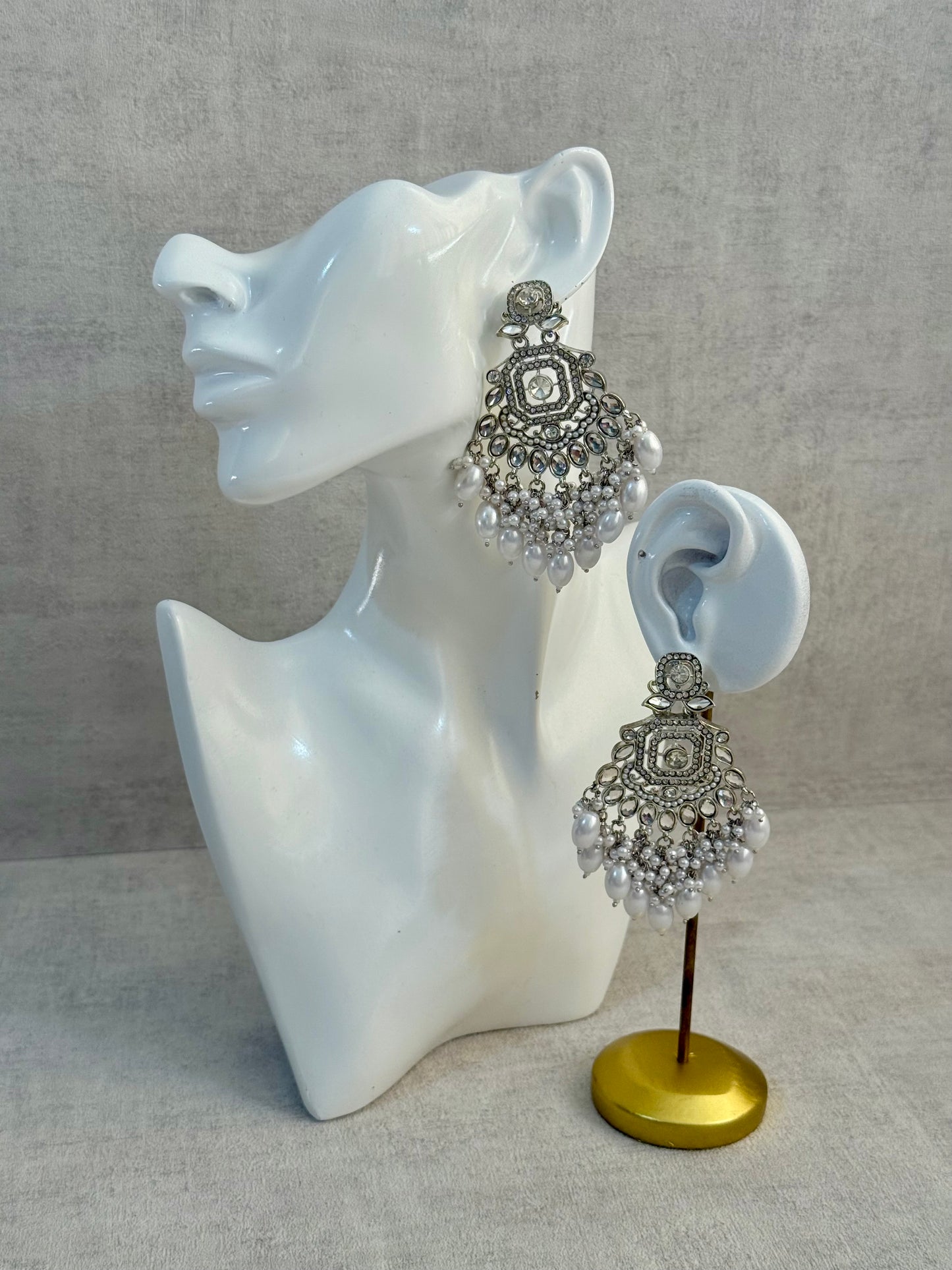 Ayura Designs Vinari Earrings – Silver Crystal Chandelier Earrings with Pearl Clusters