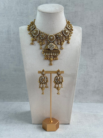 Ayura Designs Kriti Necklace Set with Earrings – Antique Gold Kundan Design with Ivory Pearls & Ghungroo Detailing