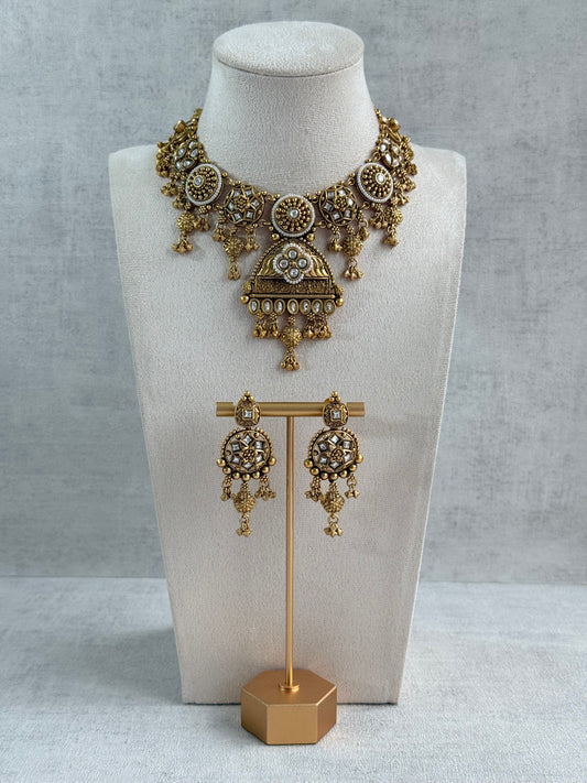 Ayura Designs Kriti Necklace Set with Earrings – Antique Gold Kundan Design with Ivory Pearls & Ghungroo Detailing