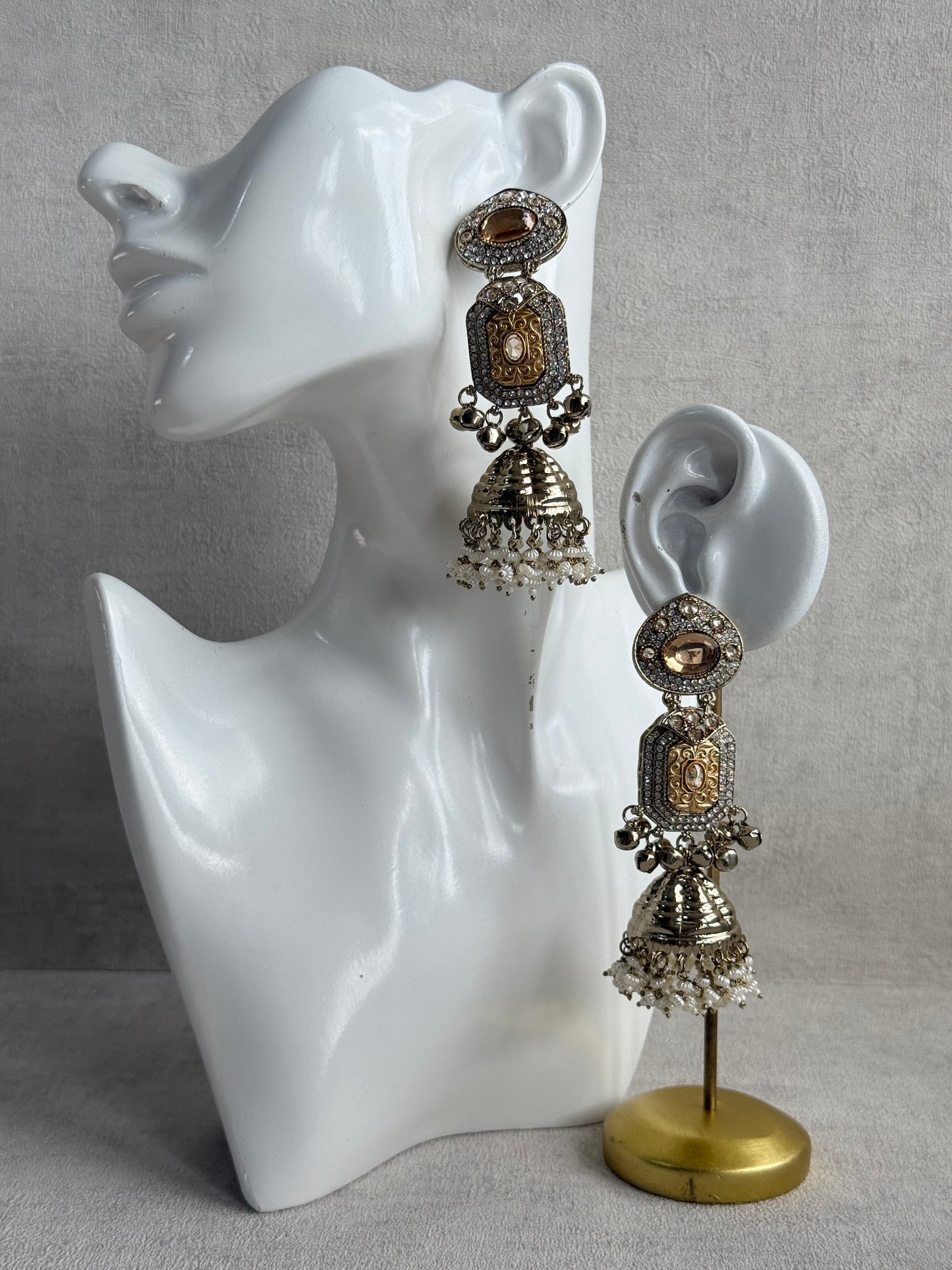 Ayura Designs Maara Jhumkis – Champagne Gold with Champagne Stones, Crystals, Ghungroos & Pearl Detailing