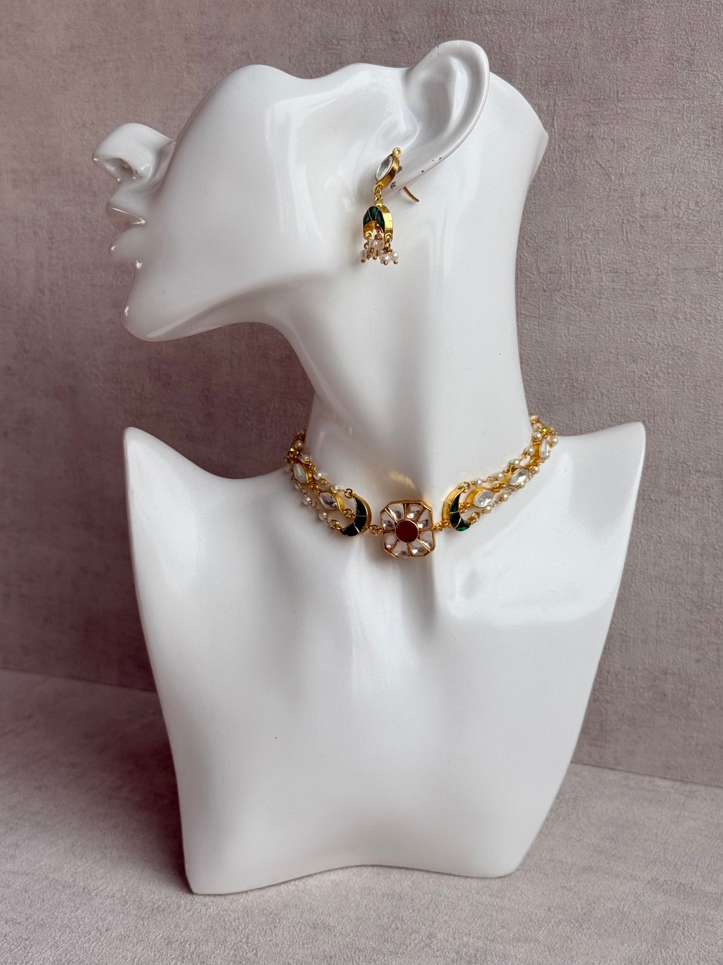 Ayura Designs Mahi Choker Set with Earrings – Meenakari Kundan Green & Pink Detailing