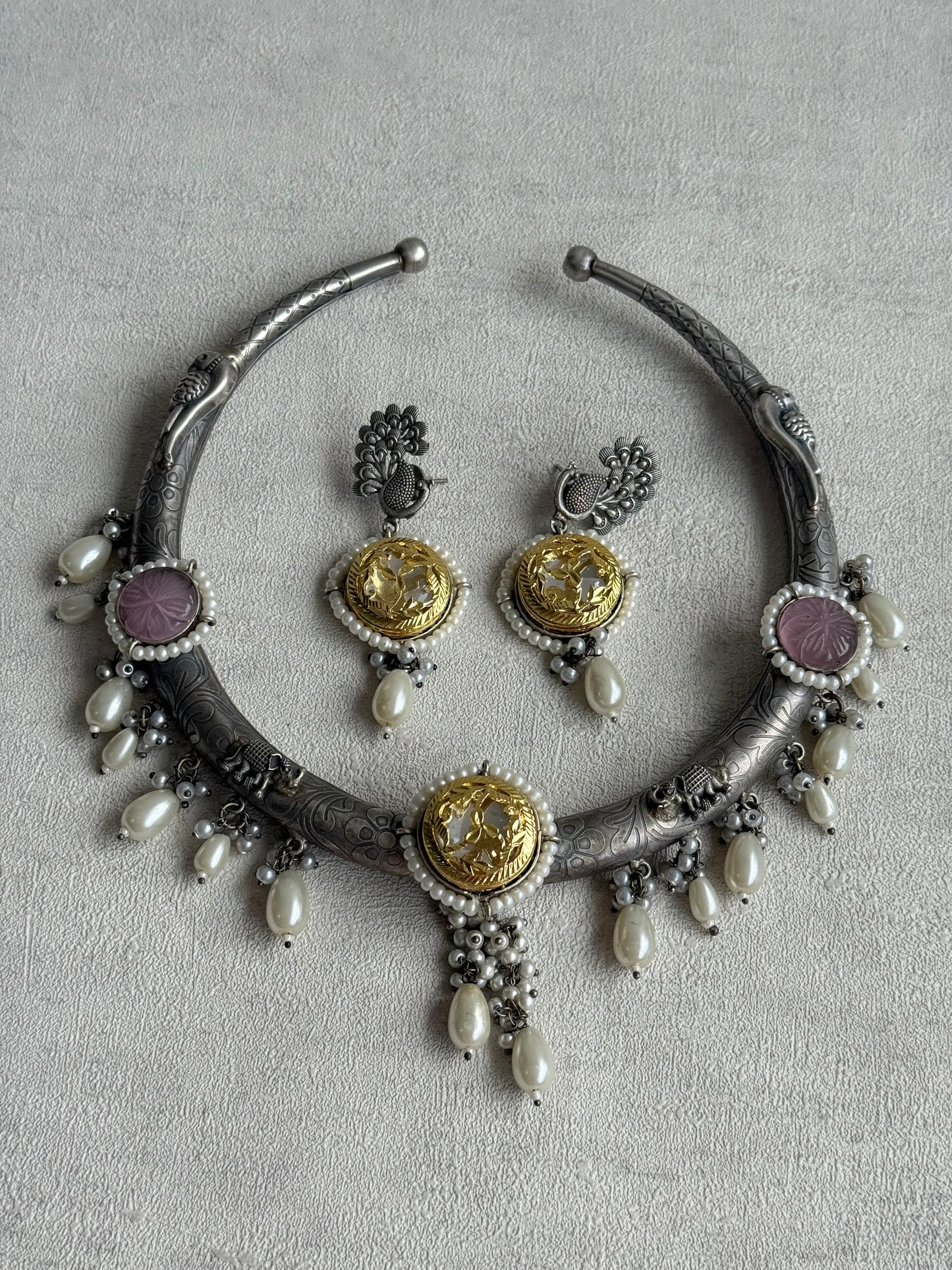 Ayura Designs Zareen Torque Necklace Set with Earrings – Dual Tone Oxidised Collar Necklace with Coin Detailing, Pearl Drops & Peacock Motifs