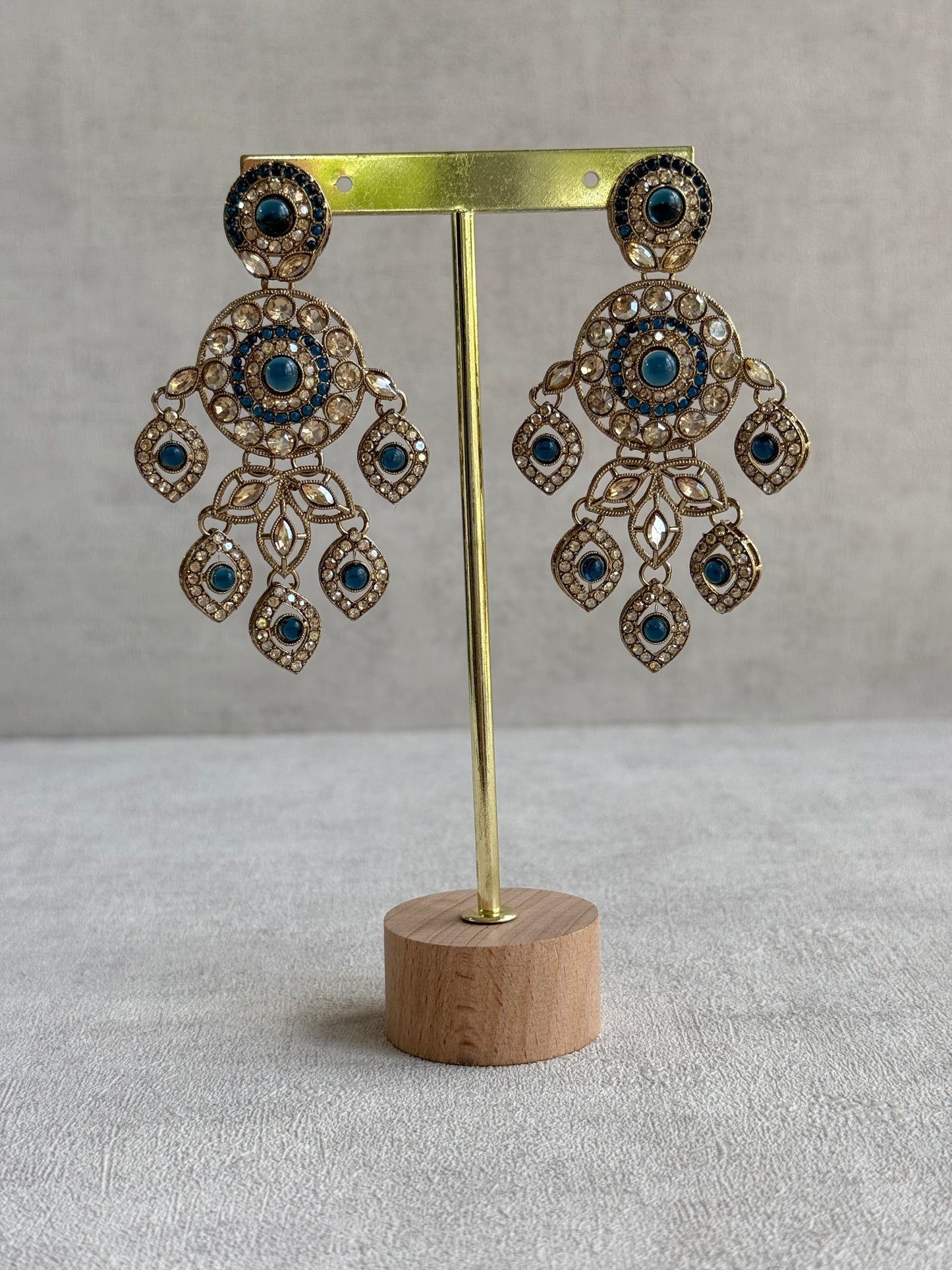 Ayura Designs Vanika Earrings – Sapphire Blue & Champagne Crystal Gold Finish