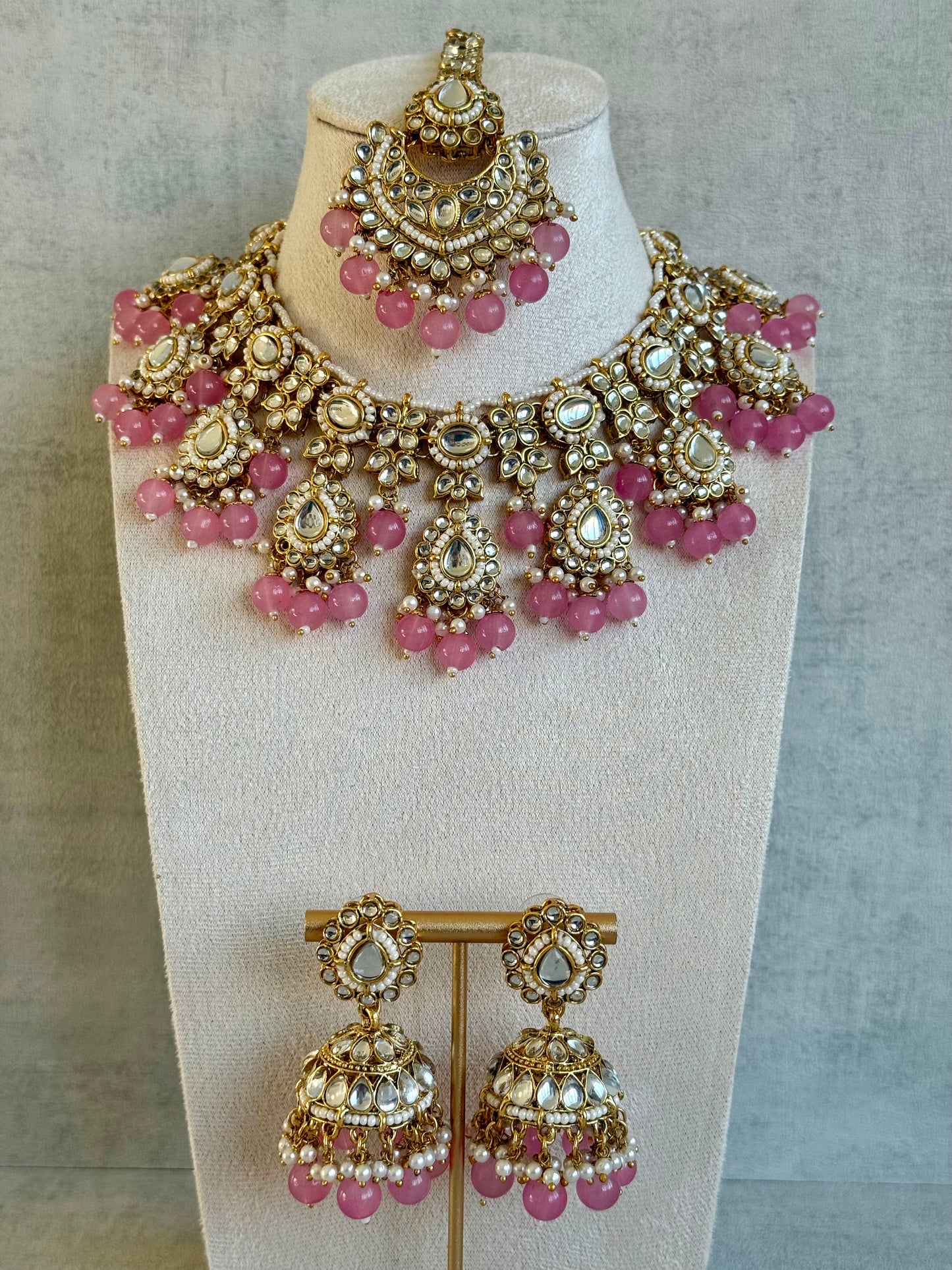 Ayura Designs Iyla Set with Necklace, Earrings & Tikka – Kundan Detailing, Ivory Pearl Drops & Soft Pink Beads