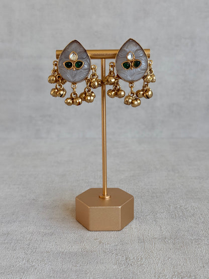 Ayura Designs Aykai Earrings – Grey Carved Teardrop Stud Earrings with Clear Kundan Stones and Gold Ghungroo Drops