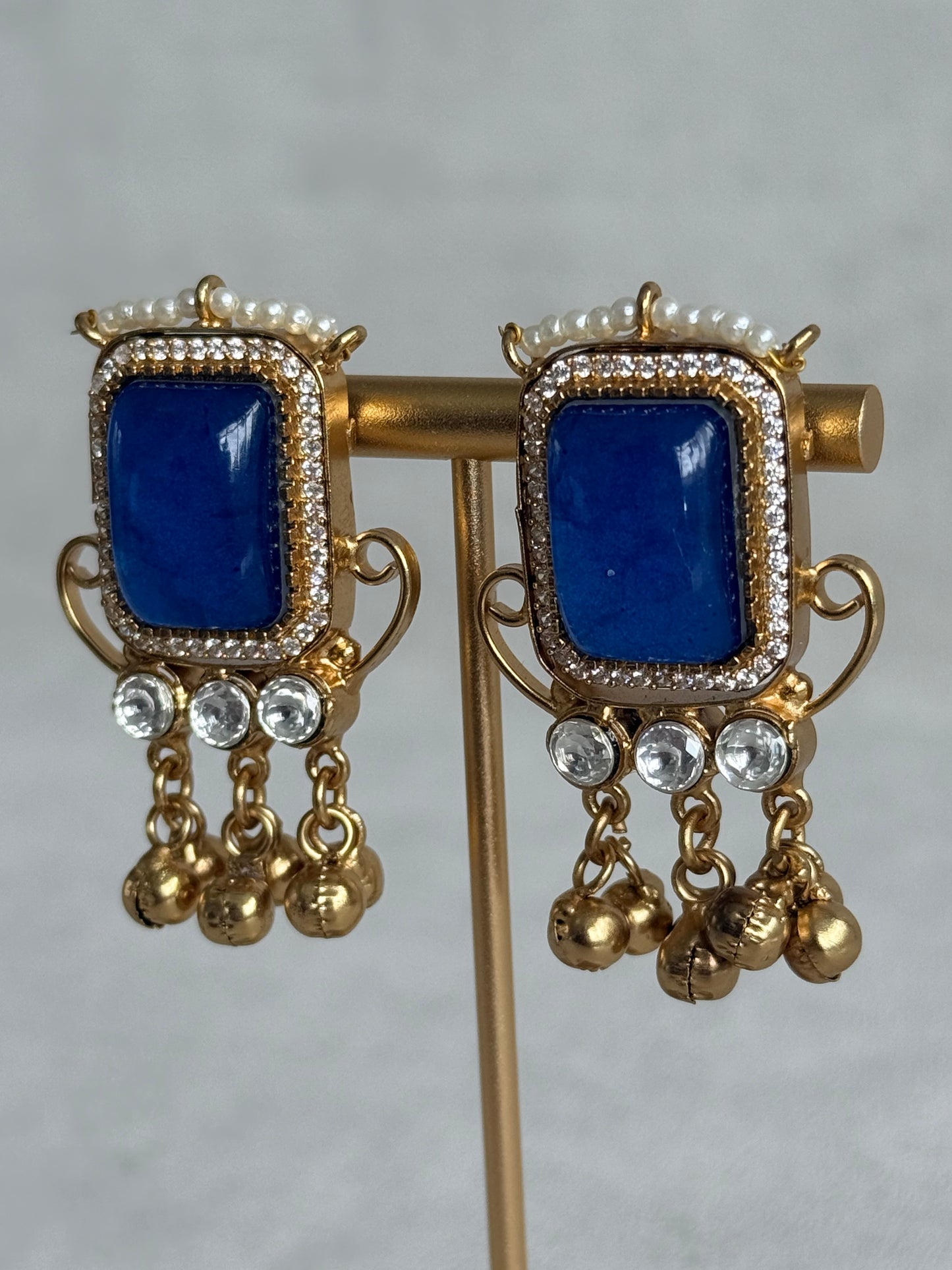 Ayura Designs Aleena Earrings – Sapphire Blue Stone Stud Earrings with Pearls & Ghungroo Detailing