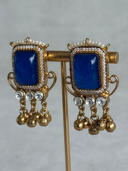 Ayura Designs Aleena Earrings – Sapphire Blue Stone Stud Earrings with Pearls & Ghungroo Detailing