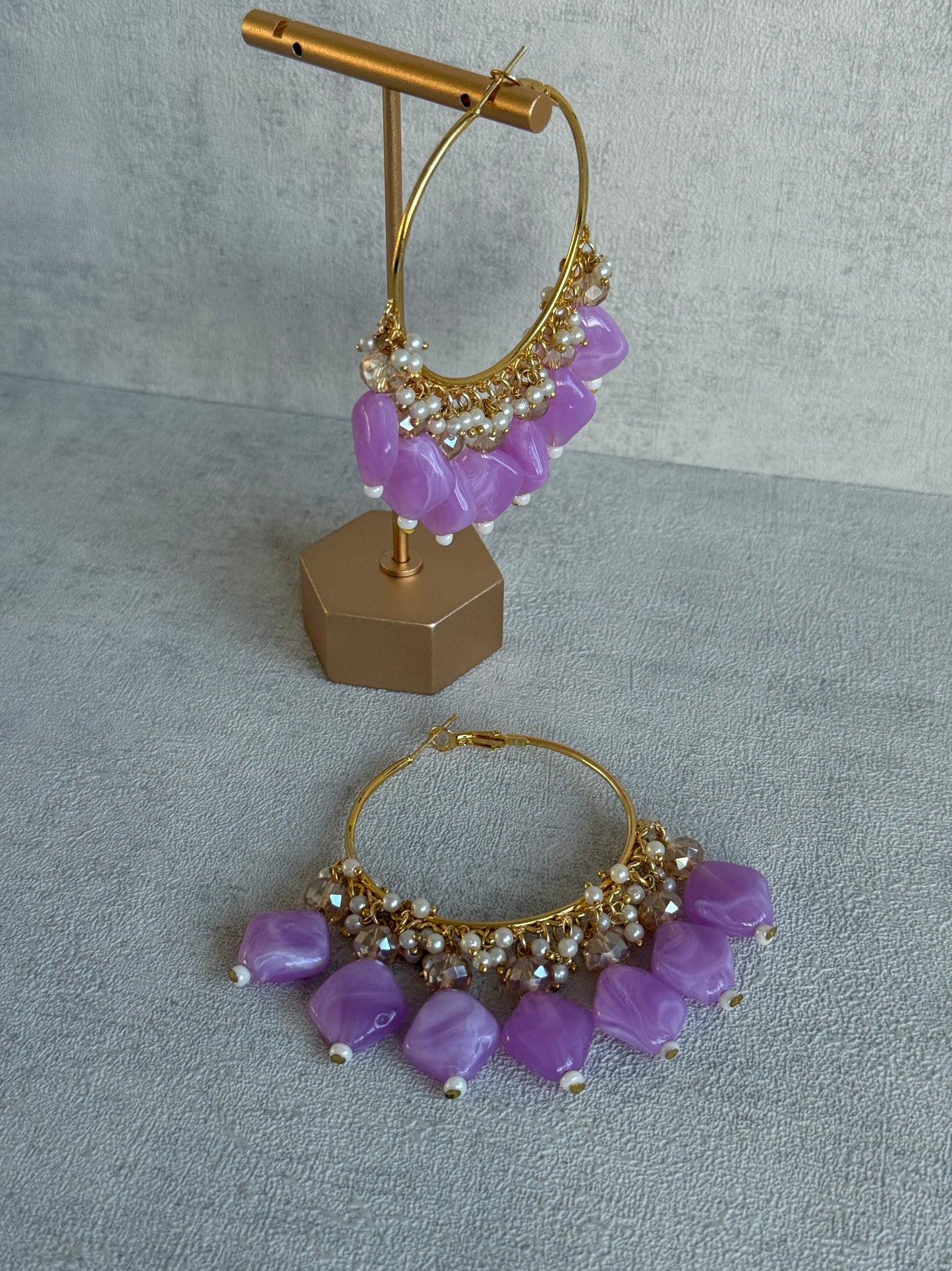 Ayura Designs Heer Balis – Gold Hoops with Lilac Marble Beads, Pearls & Crystal Detailing