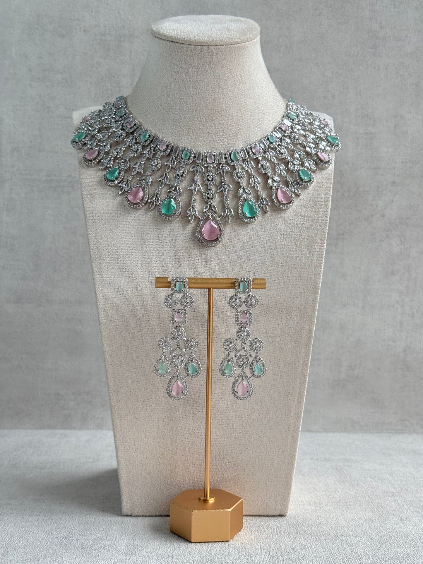 Ayura Designs Skye Necklace Set with Earrings – Blush Pink & Mint Green Stones with Crystal Detailing in Silver Finish
