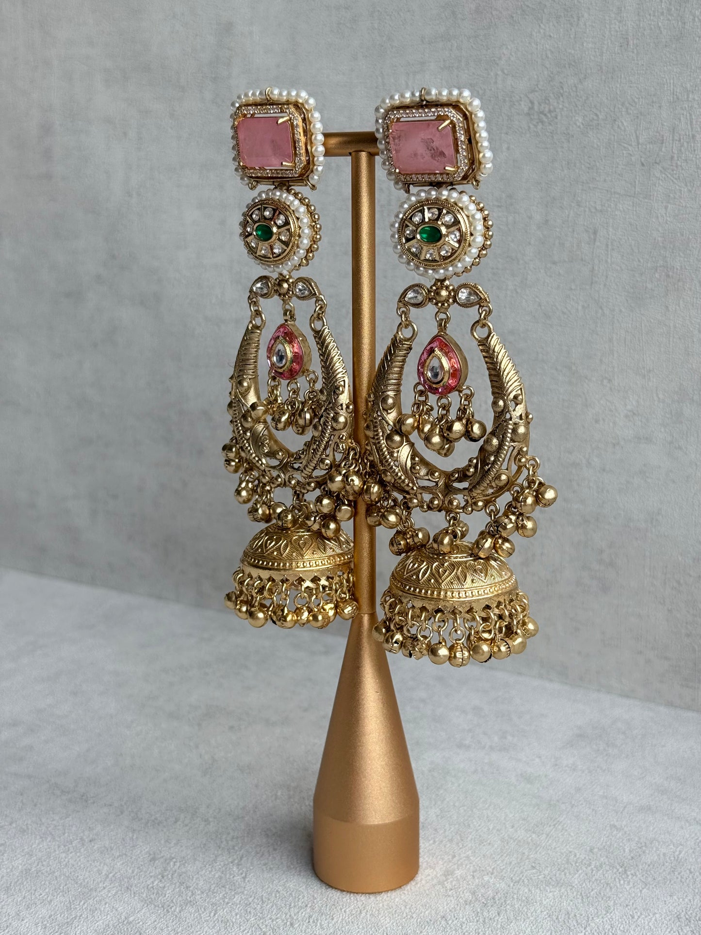 Ayura Designs Zirwa Earrings – Statement Jhumkis with Pink Stones, Green Accents & Pearl Borders & Ghungroos
