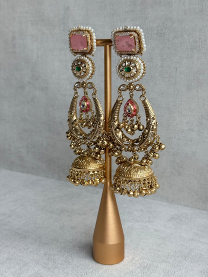 Ayura Designs Zirwa Earrings – Statement Jhumkis with Pink Stones, Green Accents & Pearl Borders & Ghungroos