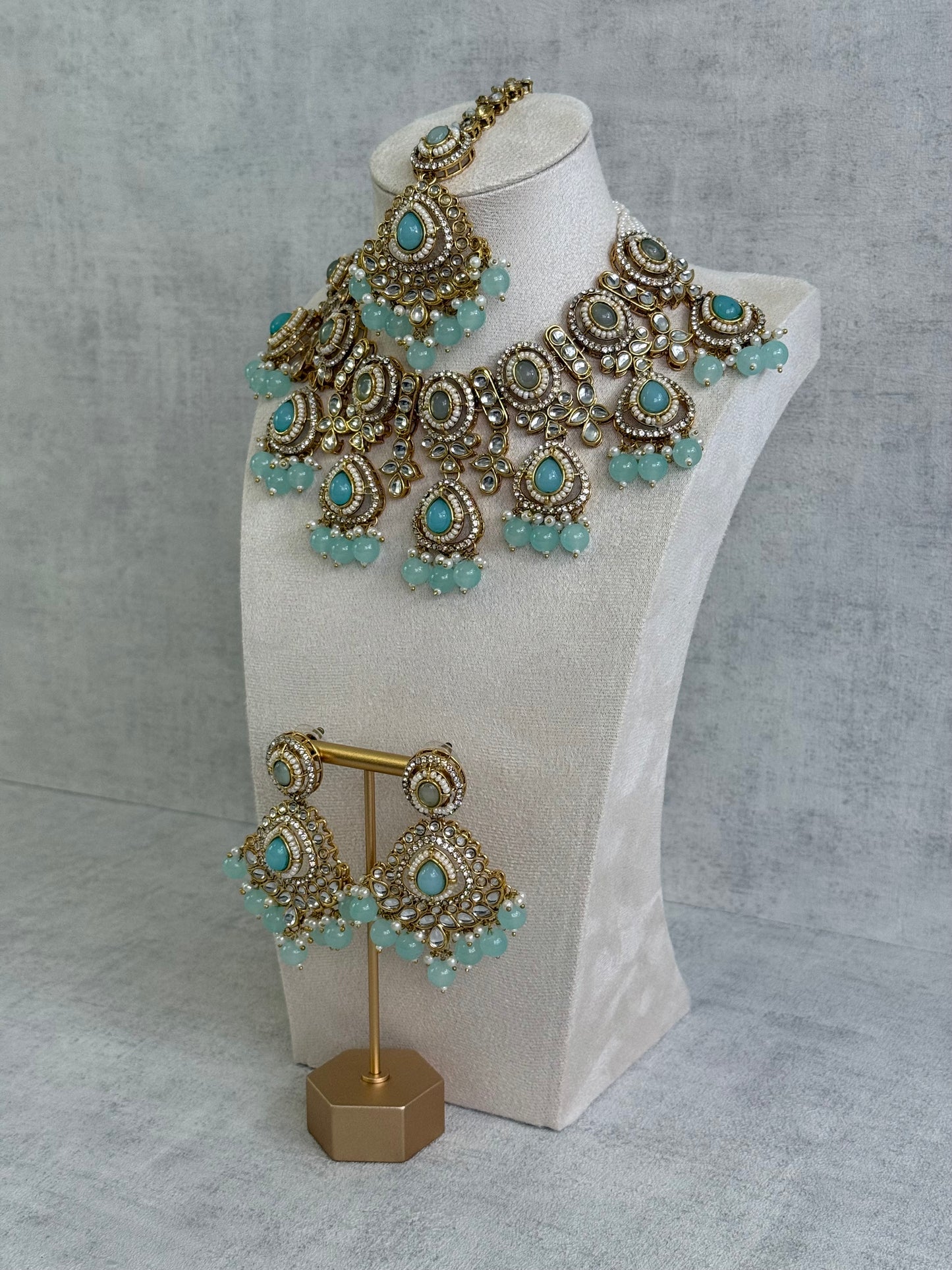 Ayura Designs Janvi Set with Necklace, Earrings & Tikka – Kundan Detailing, Aqua Blue Beads & Ivory Pearl Drops