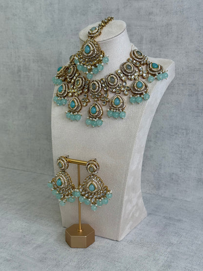 Ayura Designs Janvi Set with Necklace, Earrings & Tikka – Kundan Detailing, Aqua Blue Beads & Ivory Pearl Drops