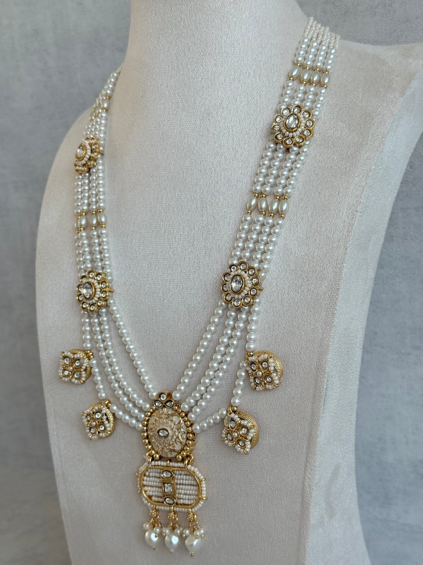 Ayura Designs Krisa Necklace Set with Earrings – Long Kundan Necklace with Pearl Strands & Gold Detailing