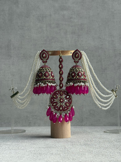 Ayura Designs Amrita Set – Jhumkis with Sahare & Tikka in Hot Pink Beads, Pearls and Antique Gold Finish
