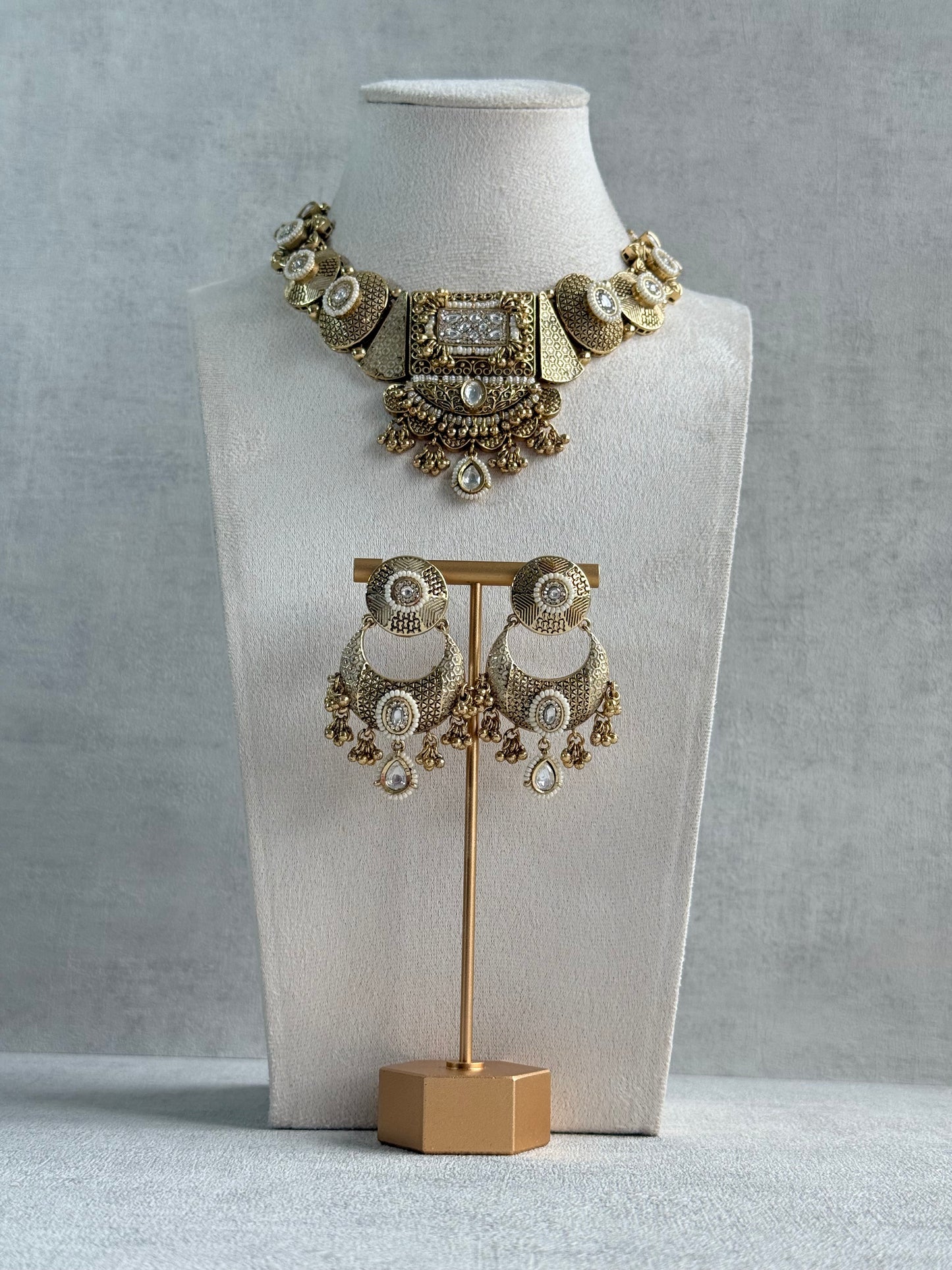 Ayura Designs Purvi Set – Necklace & Earrings with Antique Gold Filigree, Ivory & Pearl Detailing
