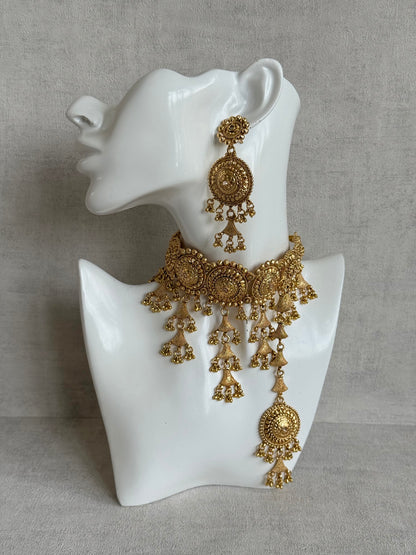 Ayura Designs Farzeena Choker Set with Earrings & Tikka – Traditional Gold Tone Waterfall Jewellery Set with Ghungroo Detailing