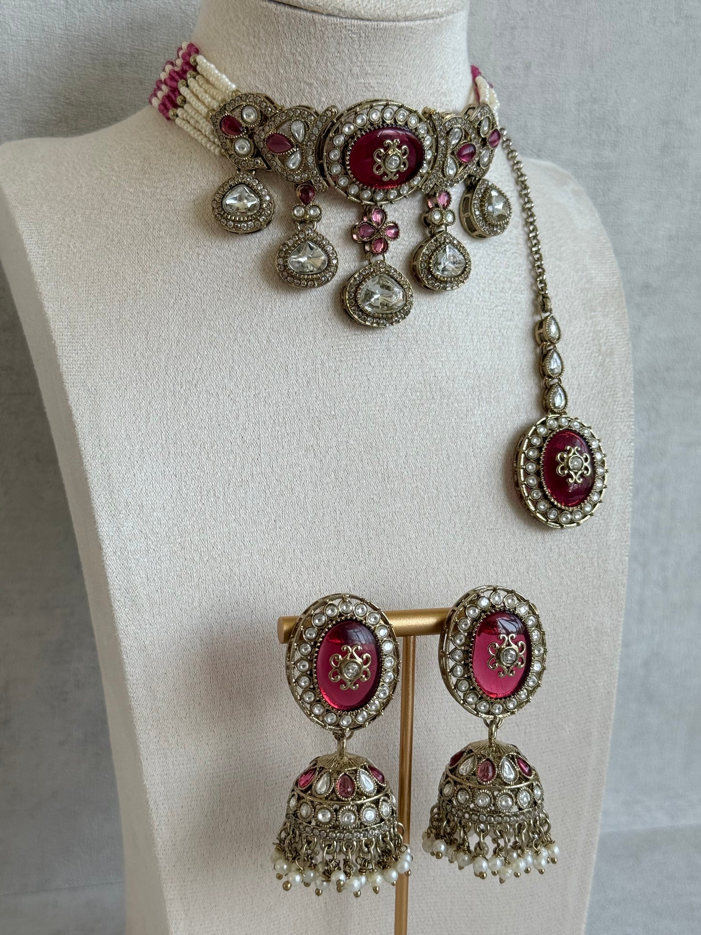 Ayura Designs Myra Choker Set with Earrings & Tikka – Ruby Pink Kundan & Pearl Detailing