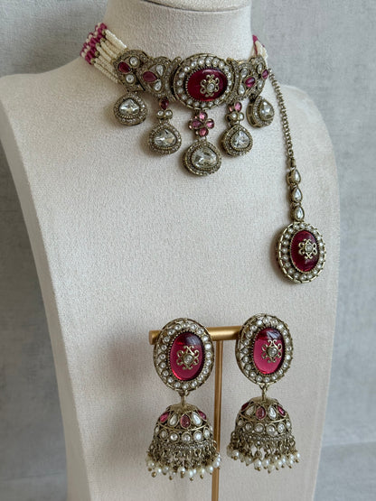 Ayura Designs Myra Choker Set with Earrings & Tikka – Ruby Pink Kundan & Pearl Detailing