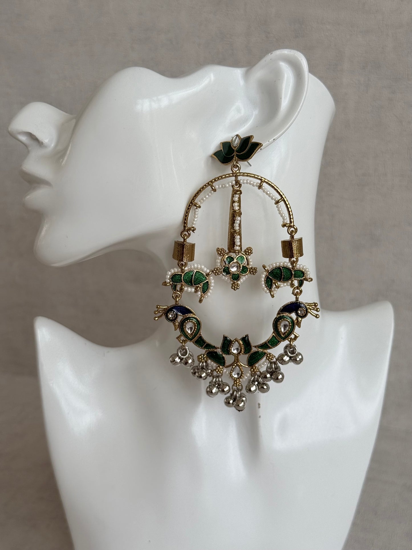 Ayura Designs Zoonpari Earrings – Emerald Green & Blue Meenakari Peacock Chandeliers in Dual Tone with Ghungroos