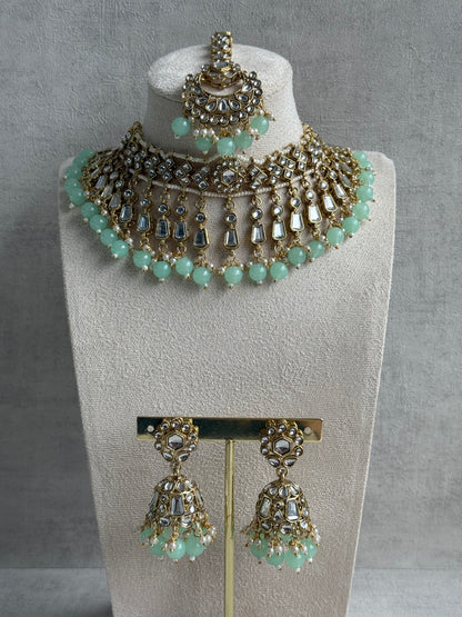 Ayura Designs Shaheen Set with Jhumkis & Tikka – Pistachio Green Beads, Mirror Kundan & Gold Finish
