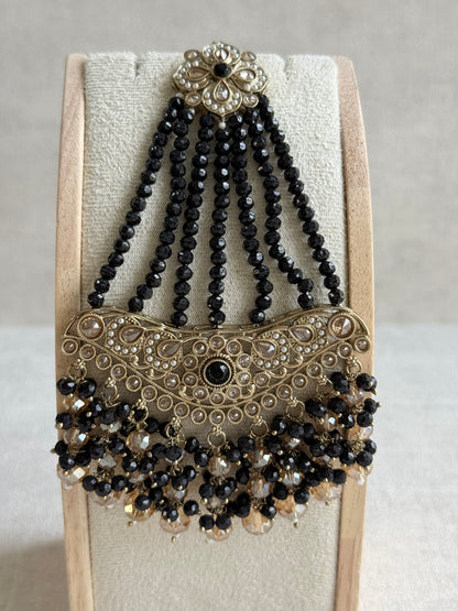 Ayura Designs Dilnaz Necklace Set with Earrings, Tikka & Passa – Black & Champagne Crystal Beads & Antique Gold Finish