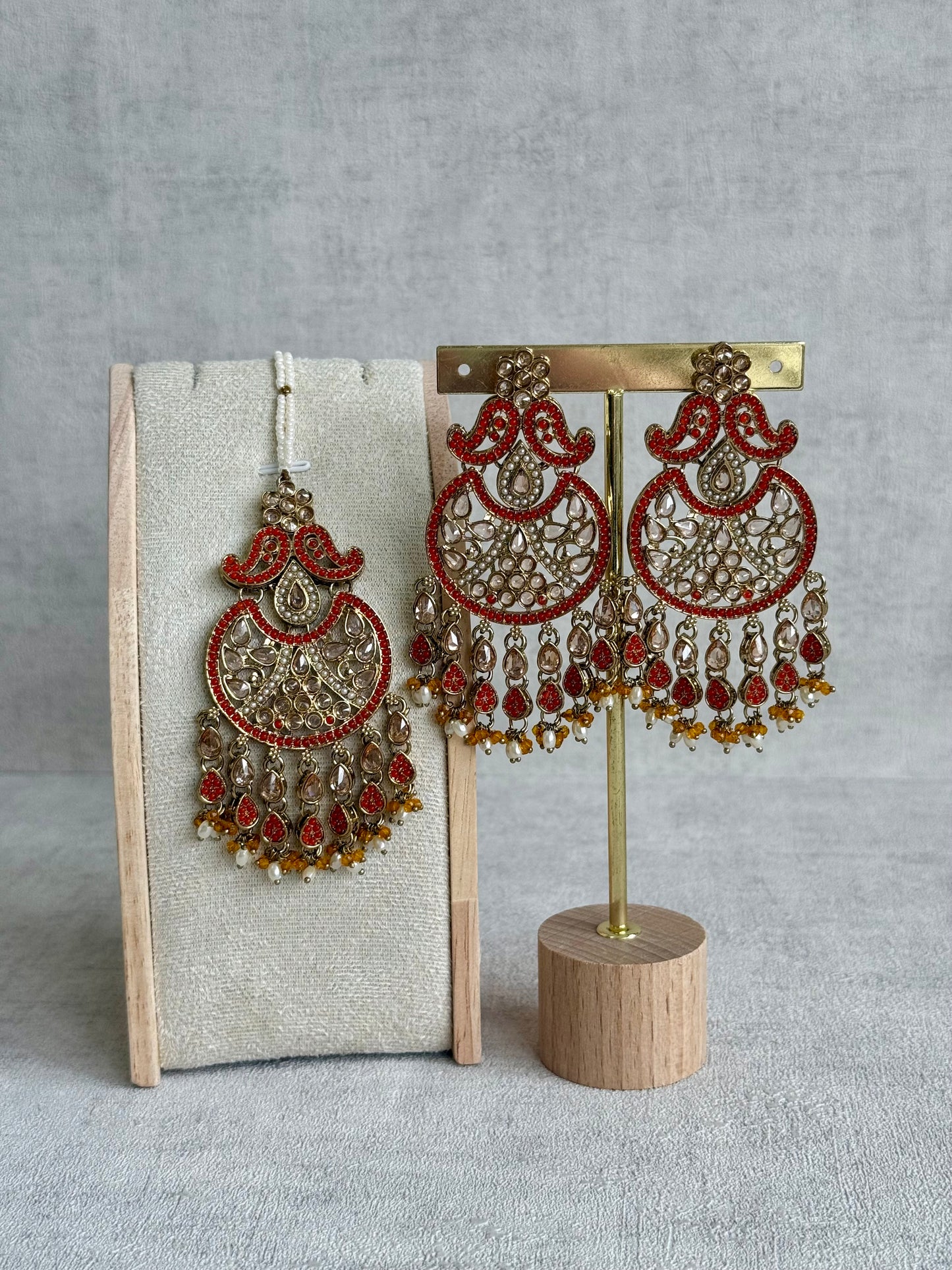 Ayura Designs Anvi Tikka Set with Earrings – Orange with Champagne Stones & Pearl Drops