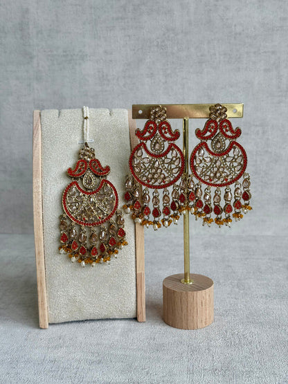 Ayura Designs Anvi Tikka Set with Earrings – Orange with Champagne Stones & Pearl Drops