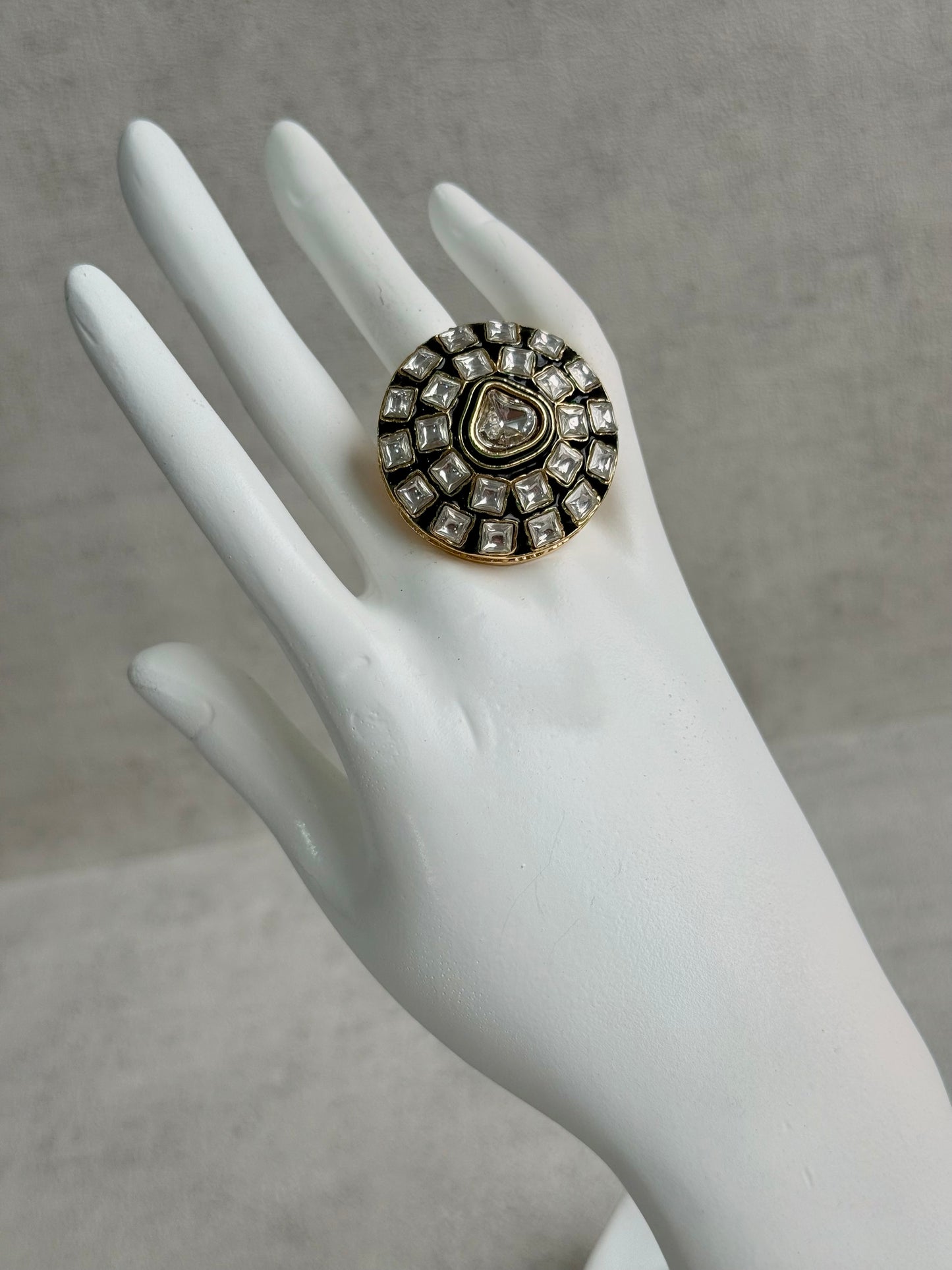 Ayura Designs Zaib Adjustable Ring – Mirror-Cut Stone with Green Enamel & Crystal Detailing