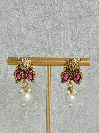 Ayura Designs Mayura Necklace Set with Earrings – Antique Gold Meenakari Motifs with Pearl Drop & Rani Pink and Emerald Green Stones