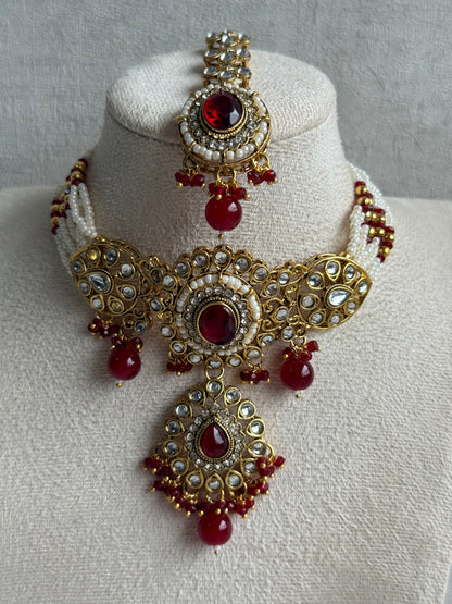 Ayura Designs Muskaan Set – Choker, Jhumkis & Tikka with Ruby Red Beads, Kundan Stones & Antique Gold Finish