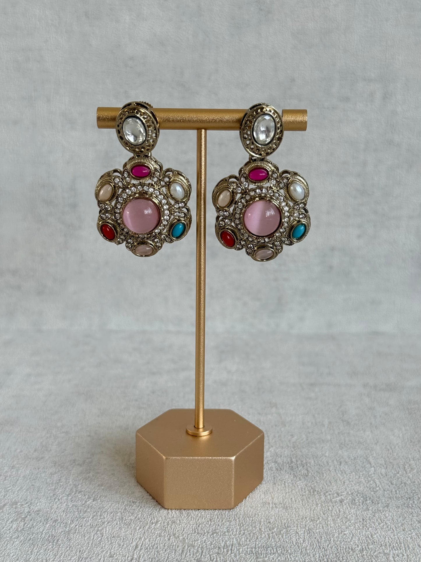 Ayura Designs Elvira Necklace Set with Earrings & Tikka – Multicolour Stone Necklace with Pink Centre Stones & Pearl Detailing