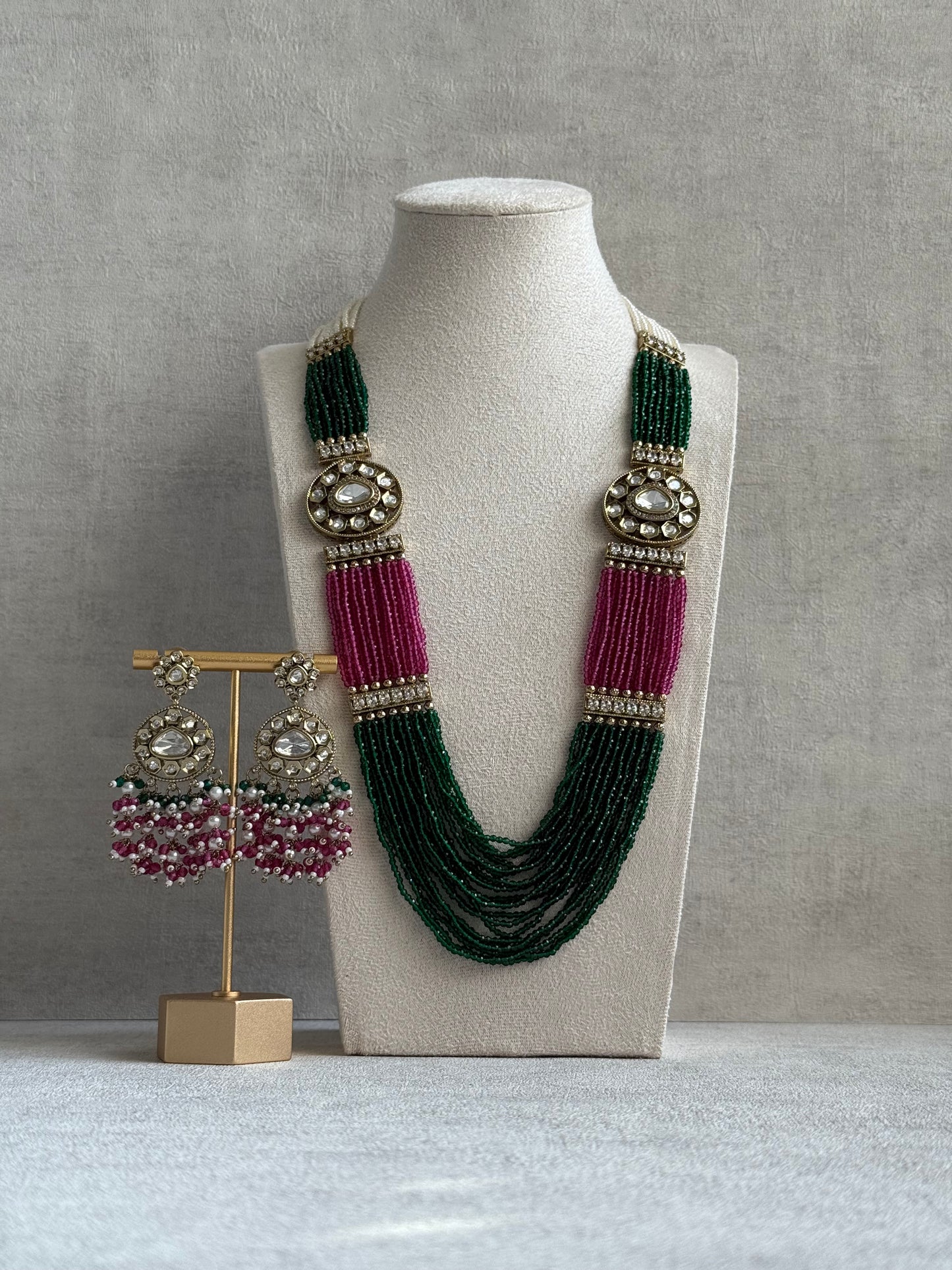 Ayura Designs Sienna Set – Long Layered Necklace & Earrings with Emerald, Berry Pink & Ivory Beads, Mirror-Cut Kundan & Pearl Detailing