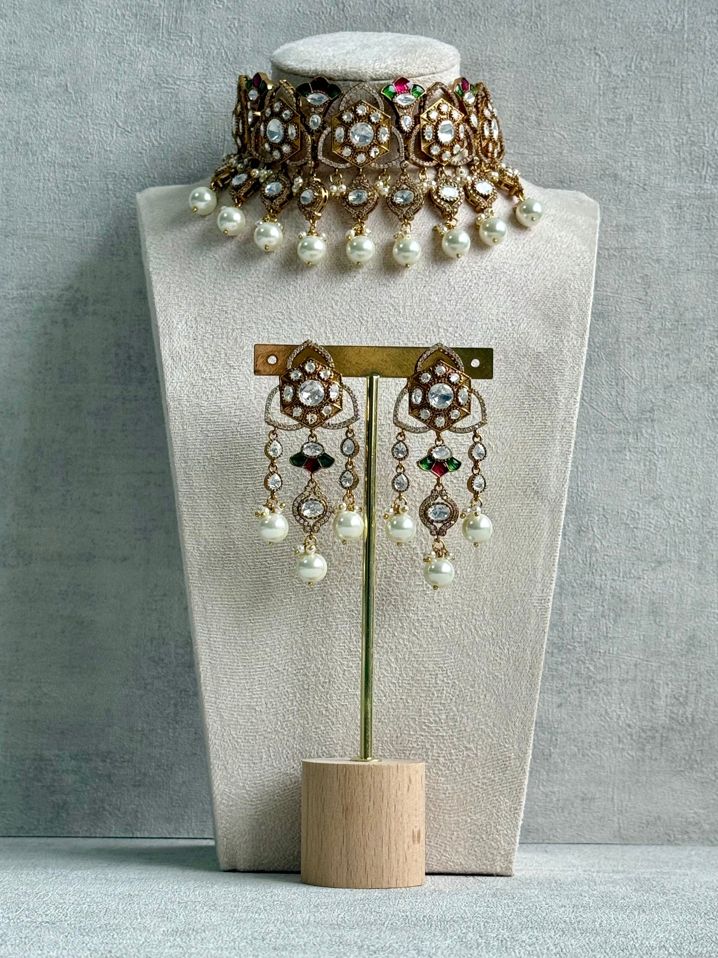Ayura Designs Serina Choker Set with Earrings – Green & Pink Enamel, Mirror-Cut Stones & Pearl Drops