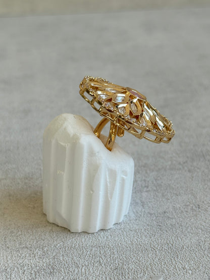 Ayura Designs Elisa Adjustable Ring – Moissanite Floral Ring with Blush Pink Centre & Crystal Border