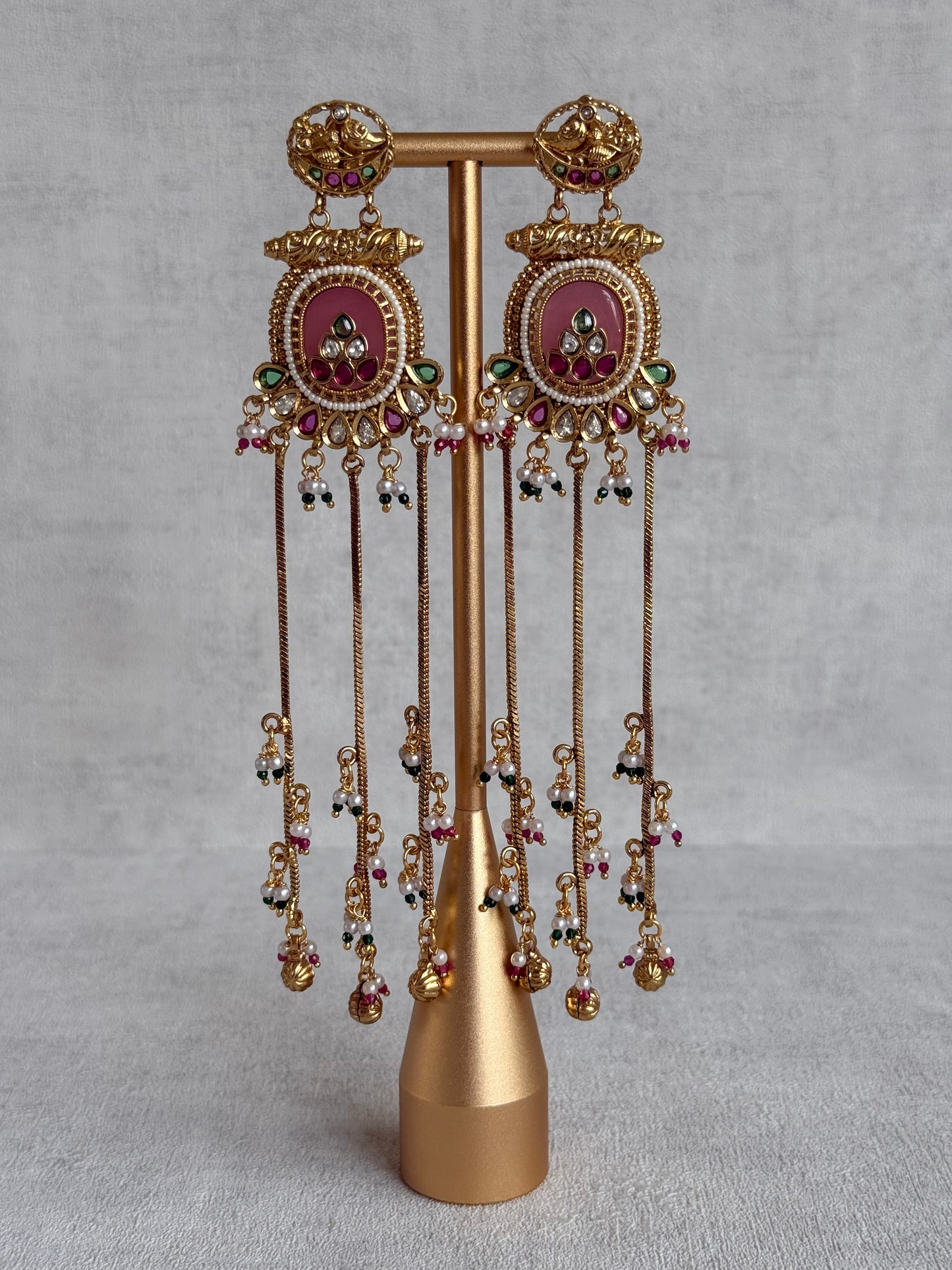 Ayura Designs Kaveri Earrings – Gold Long Chain Drop Earrings with Kundan, Pearls & Ghungroo Detailing – Rose Pink
