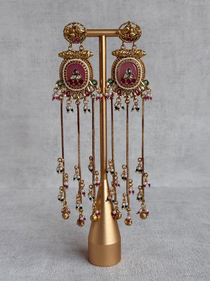 Ayura Designs Kaveri Earrings – Gold Long Chain Drop Earrings with Kundan, Pearls & Ghungroo Detailing – Rose Pink