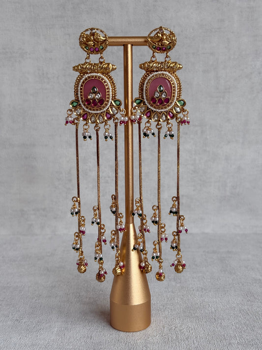 Ayura Designs Kaveri Earrings – Gold Long Chain Drop Earrings with Kundan, Pearls & Ghungroo Detailing – Rose Pink