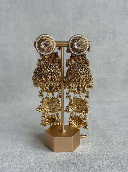 Ayura Designs Sabina Jhumkis with Detachable Sahare – Multicolour Kundan & Antique Gold Finish
