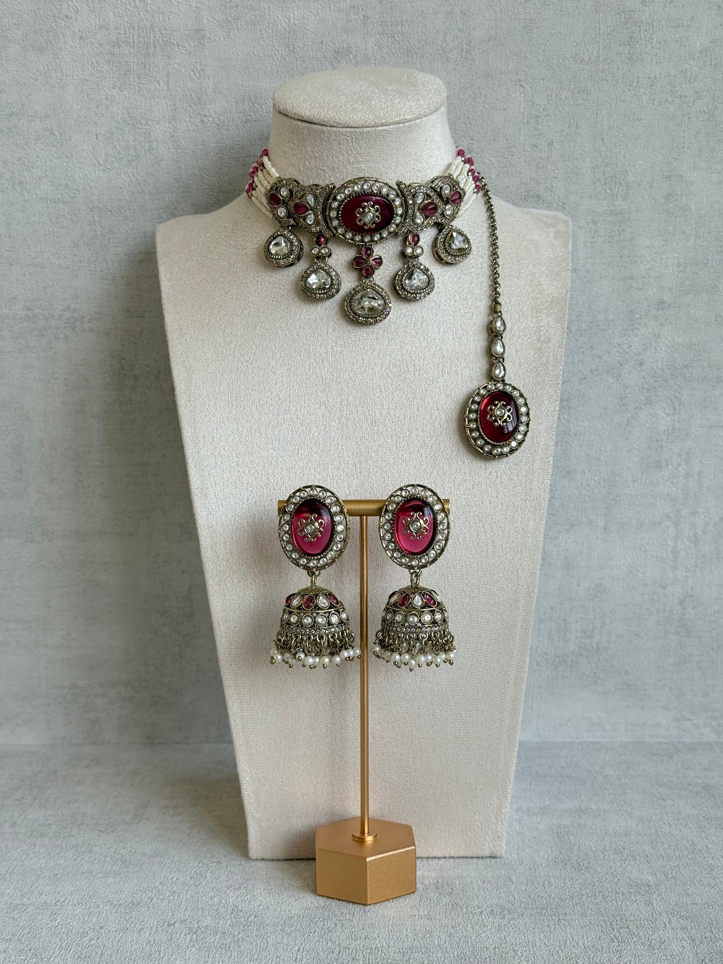 Ayura Designs Myra Choker Set with Earrings & Tikka – Ruby Pink Kundan & Pearl Detailing