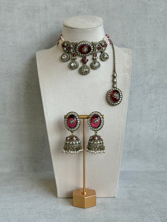 Ayura Designs Myra Choker Set with Earrings & Tikka – Ruby Pink Kundan & Pearl Detailing